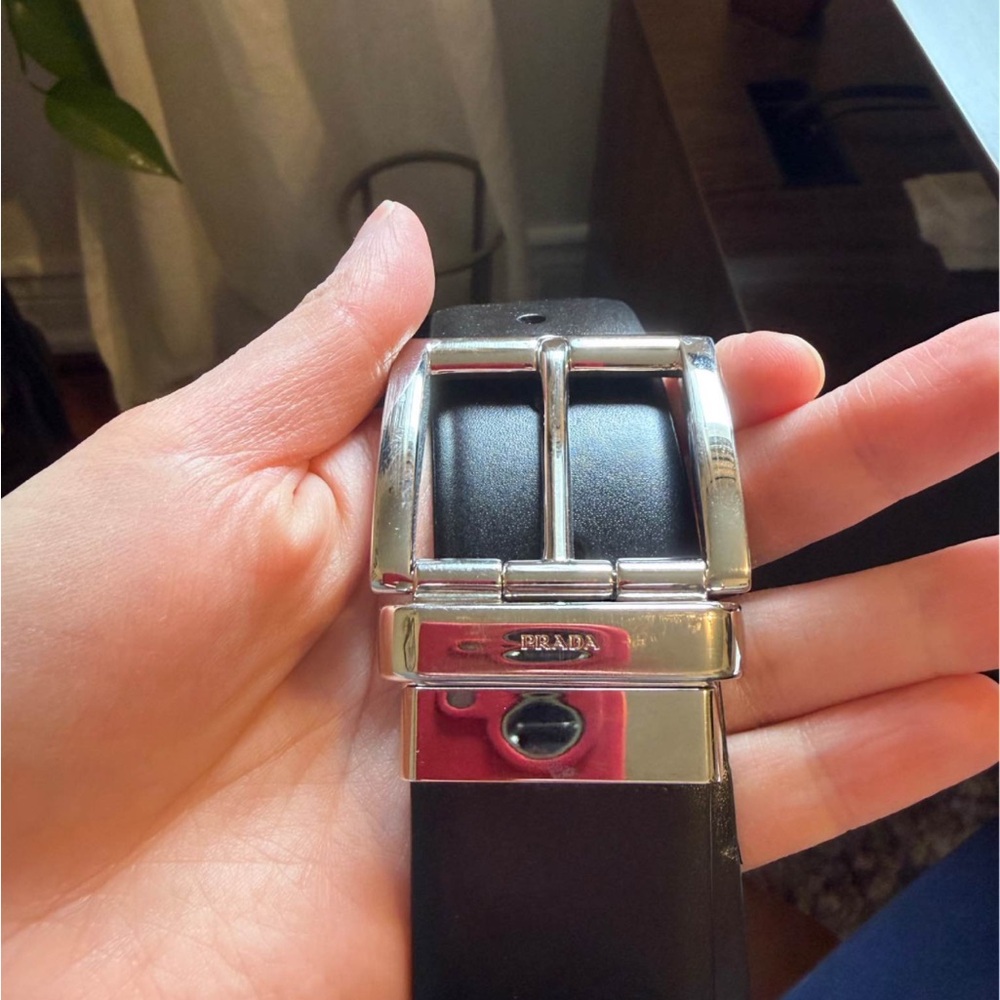 Prada Men's Black Leather Belt with Polished Silver Buckle 38 inch
